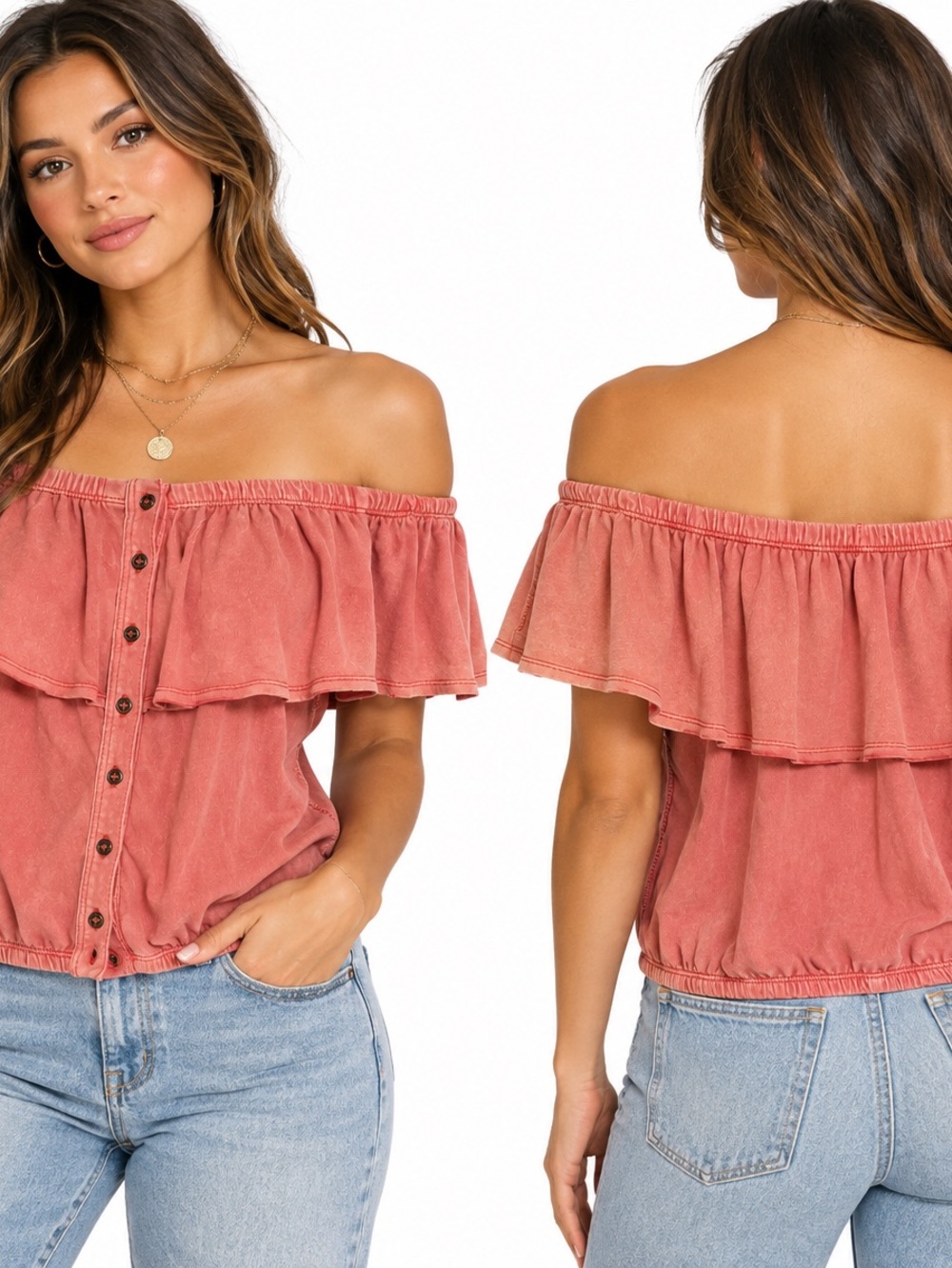 We The Free Off Shoulder Ruffle Button Front Top Rose Pink Size Medium